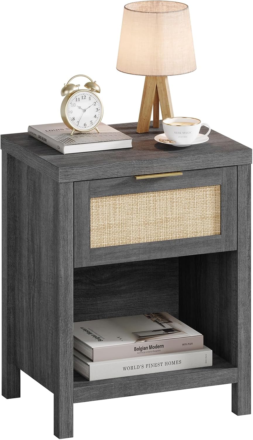 Rattan Nightstand Set 2: Boho End Table with Drawer and Storage Shelf, Farmhouse Cane Accent Bedside Night Stands for Bedroom Small Space Sofa (2, Caramel Oak)