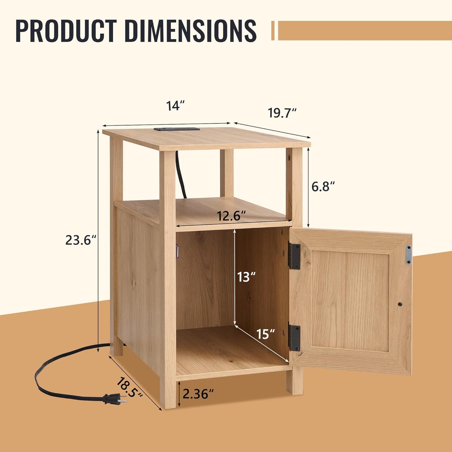 Farmhouse Nightstands Set of 2, Narrow Bedside Table with Charging Station, Night Stand Set 2 with Storage & Open Shelf, End Tables w/Groove Barn Door for Bedroom, Living Room, Natural