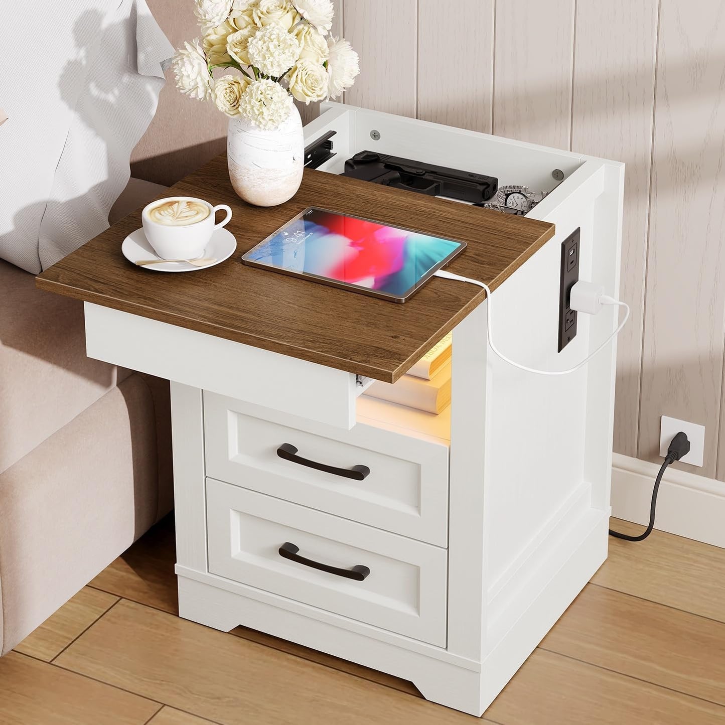 Farmhouse Nightstand with Hidden Gun Drawer, Bedside Table with Charging Station and LED Light, Night Stand with 3 Drawers, End Table for Bedroom, Living Room, White and Walnut