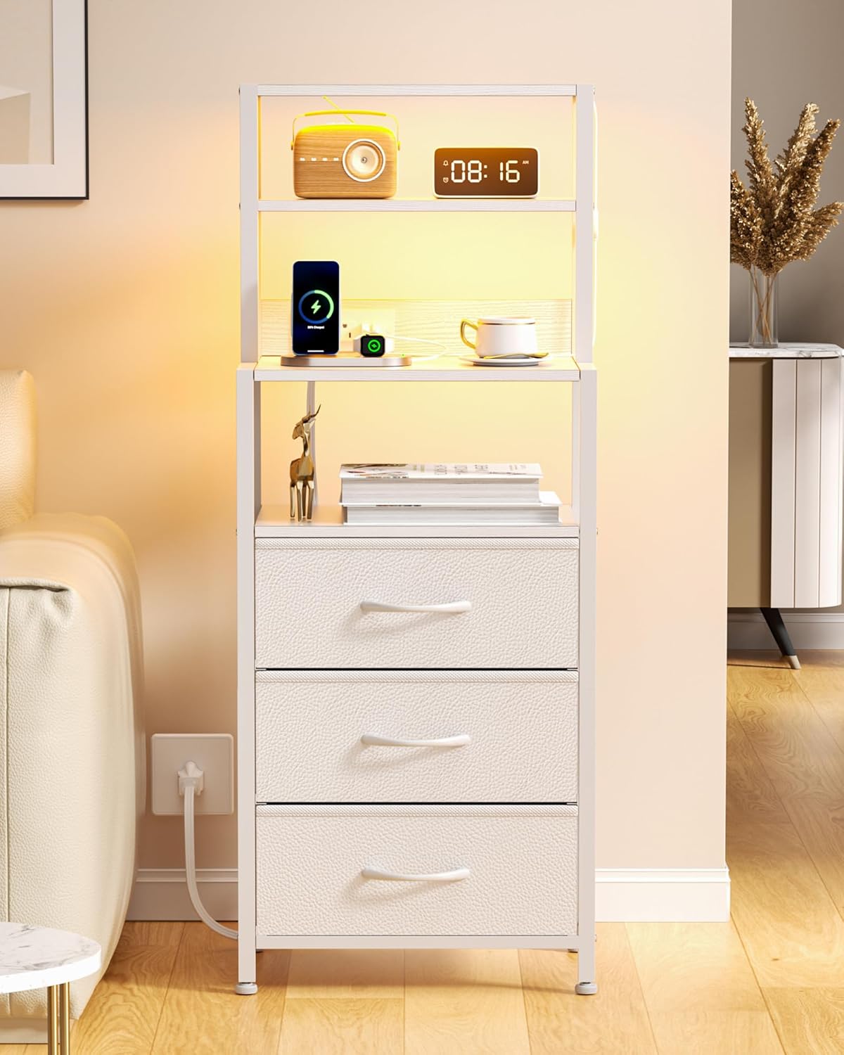 Furnulem Night Stand, Tall Nightstand with 4-Tier Shelves, 2 Fabric Drawers and Light Tube, Bed Side Tables with Charging Station, Bedside Table for Bedroom, Office, Rustic Brown