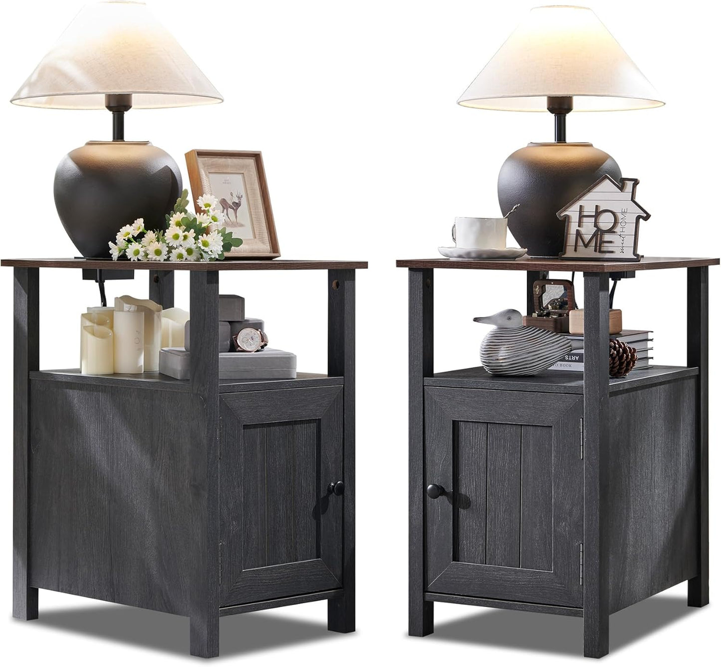 Farmhouse Nightstands Set of 2, Narrow Bedside Table with Charging Station, Night Stand Set 2 with Storage & Open Shelf, End Tables w/Groove Barn Door for Bedroom, Living Room, Natural