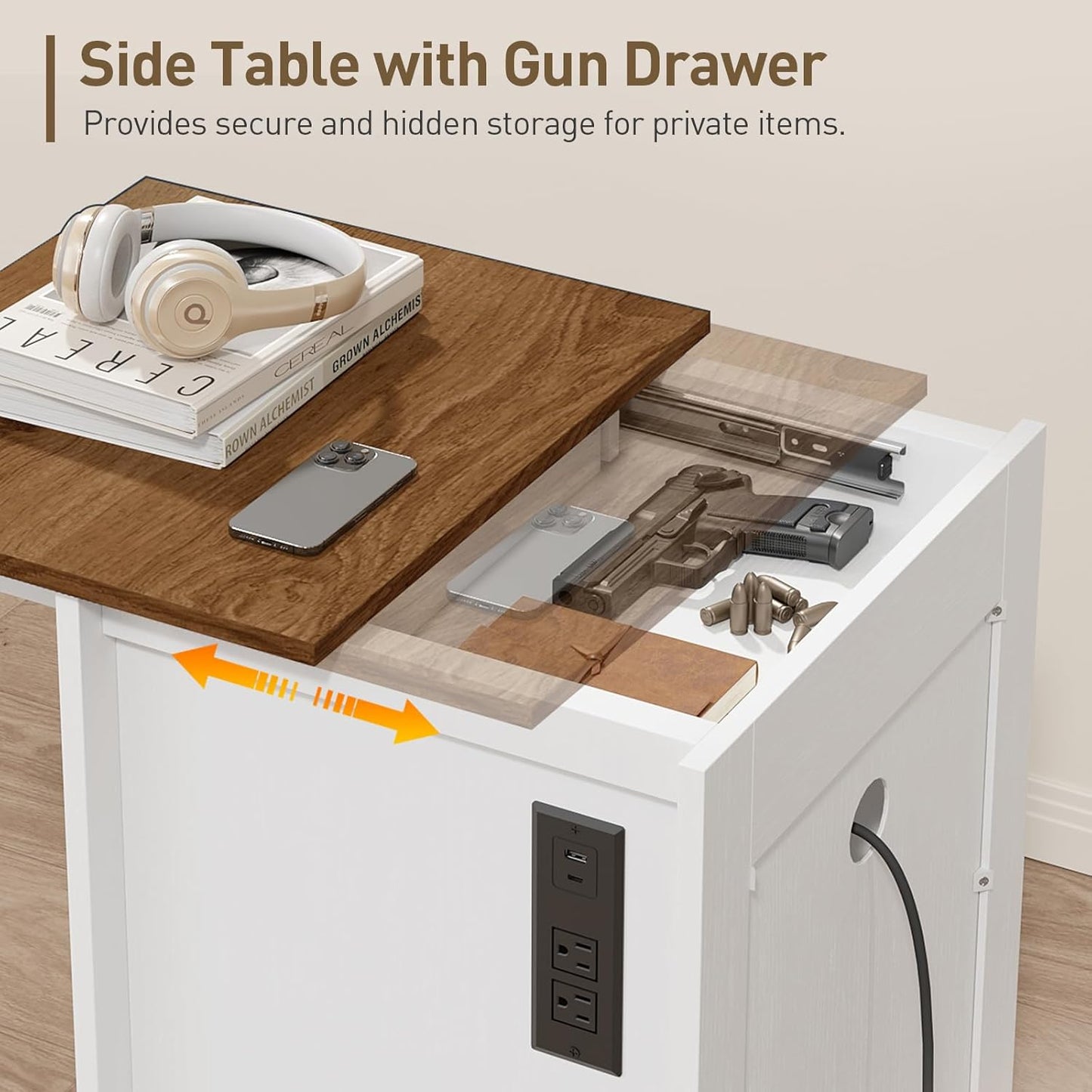 Farmhouse Nightstand with Hidden Gun Drawer, Bedside Table with Charging Station and LED Light, Night Stand with 3 Drawers, End Table for Bedroom, Living Room, White and Walnut