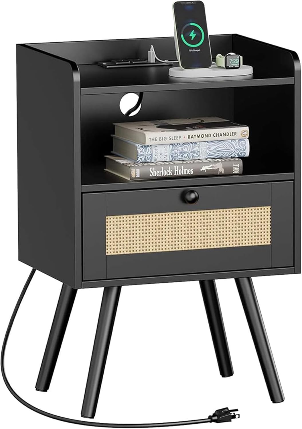 SUPERJARE Nightstands Set of 2, Night Stands with Charging Station & PE Rattan Decor Drawer, Bed Side Tables with Solid Wood Feet, End Table, for Bedroom, Living Room - Natural