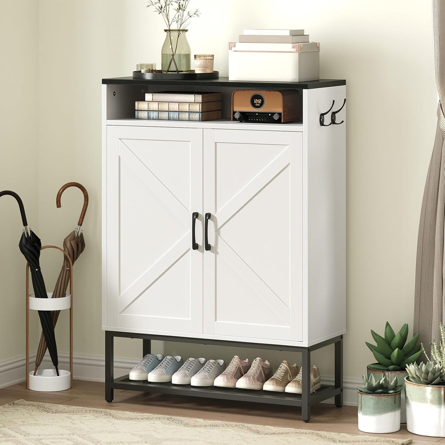 Shoe Storage Cabinet, Farmhouse Shoe Cabinet for Entryway, 6-Tier Shoe Organizer with Doors and Shelves, Narrow Hidden Freestanding Shoe Rack Cabinet for Entrance, Black SHBK9501