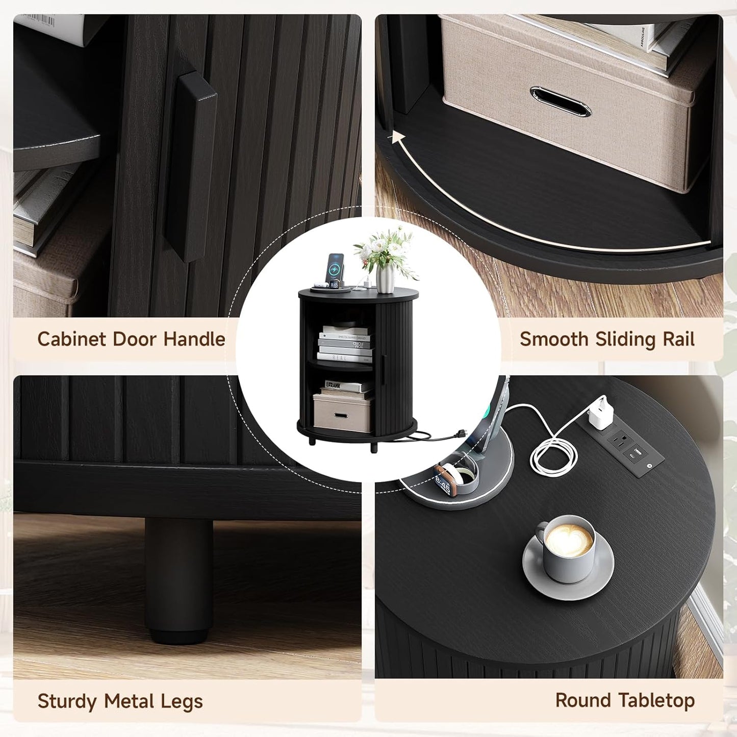 Round End Table with Charging Station, Mid Century Bedside Table with Sliding Door & 2 Tier Storage, Modern Nightstand for Living Room, Bedroom, Entryway, Black(1-Pack)