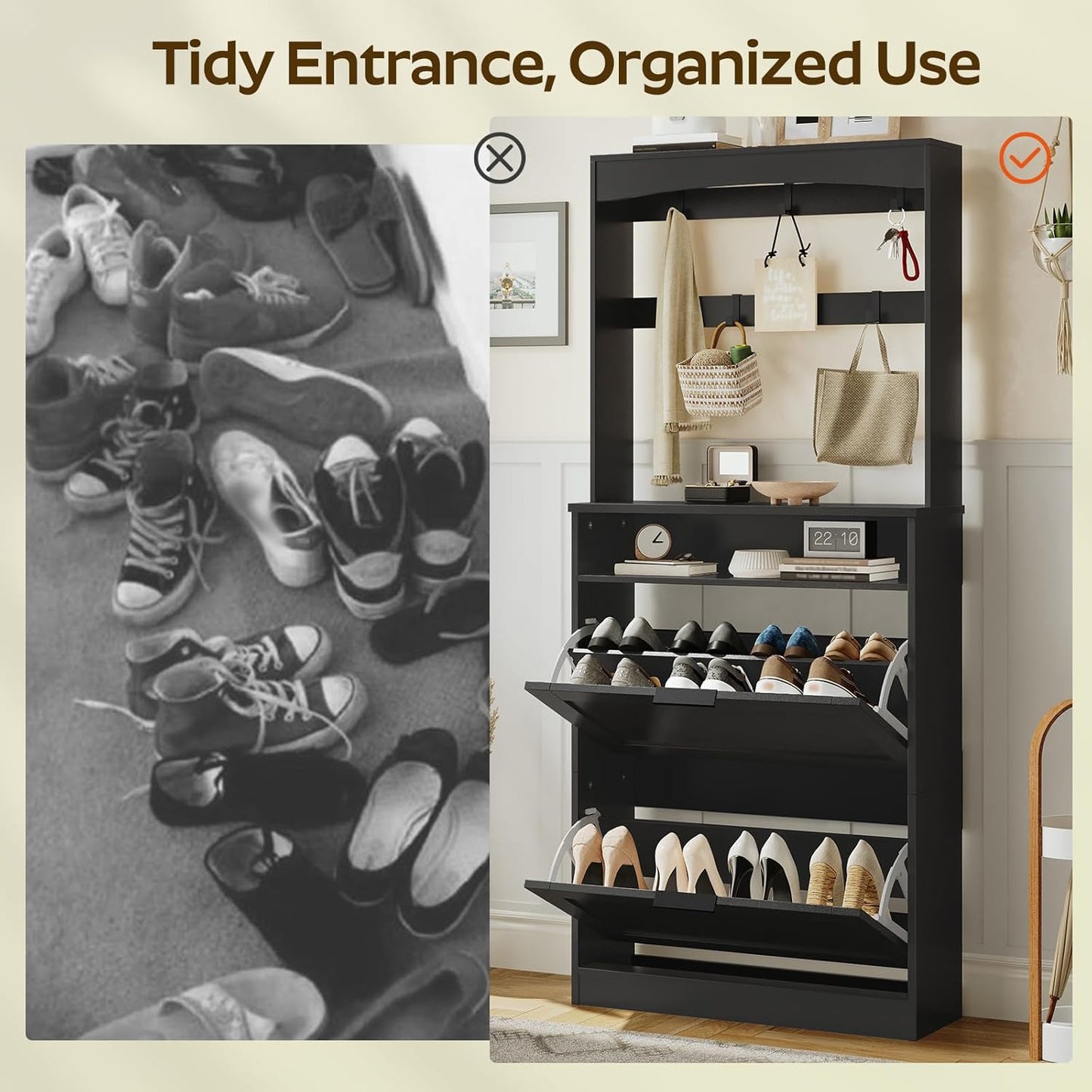 Tall Shoe Cabinet with Flip Drawers and Coat Rack, Floor Standing Modern Shoe Storage Organizer, 2-in-1 Hall Tree with Movable Hooks and Open Shelves, for Entryway, Black SC01BK