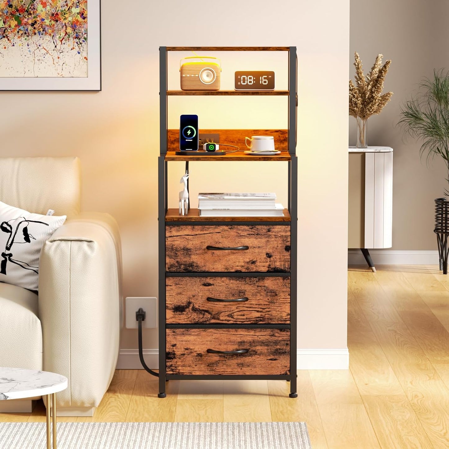 Furnulem Night Stand, Tall Nightstand with 4-Tier Shelves, 2 Fabric Drawers and Light Tube, Bed Side Tables with Charging Station, Bedside Table for Bedroom, Office, Rustic Brown