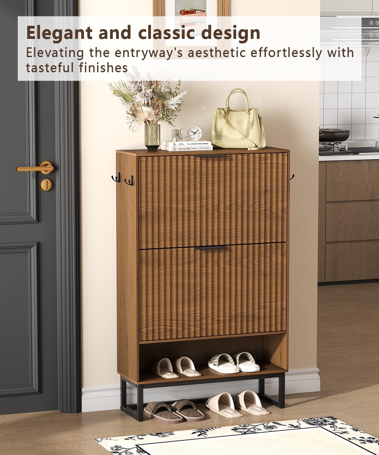 Fluted Shoe Storage Cabinet, Narrow Hidden Shoe Rack Cabinet with Metal Legs, Narrow Shoe Organizer, 2 Flip Drawers, for Entryway, Hallway, Living Room, Walnut