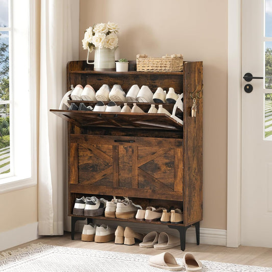 Shoe Storage Cabinet, Shoe Organizer with 2 Flip Drawers, Hidden Shoe Storage for Entryway, Freestanding Organizer with Open Storages, Rustic Brown SHHR9401N1