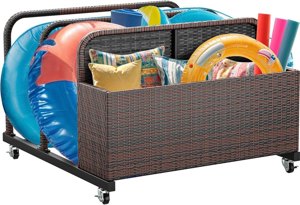 YITAHOME Pool Storage, Pool Float Holder with PE Rattan Pool Float Organizer for cushions, Floaties, Noodles, Life Vests, Beach Balls, Patio Furniture (Black)