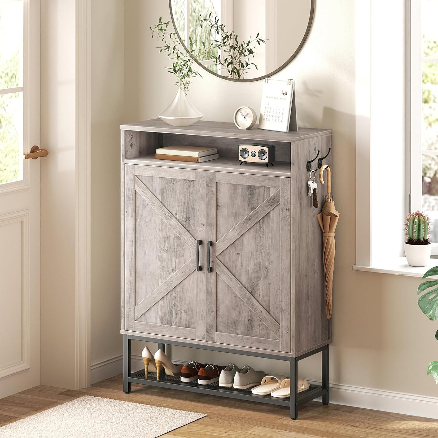 Shoe Storage Cabinet, Farmhouse Shoe Cabinet for Entryway, 6-Tier Shoe Organizer with Doors and Shelves, Narrow Hidden Freestanding Shoe Rack Cabinet for Entrance, Black SHBK9501