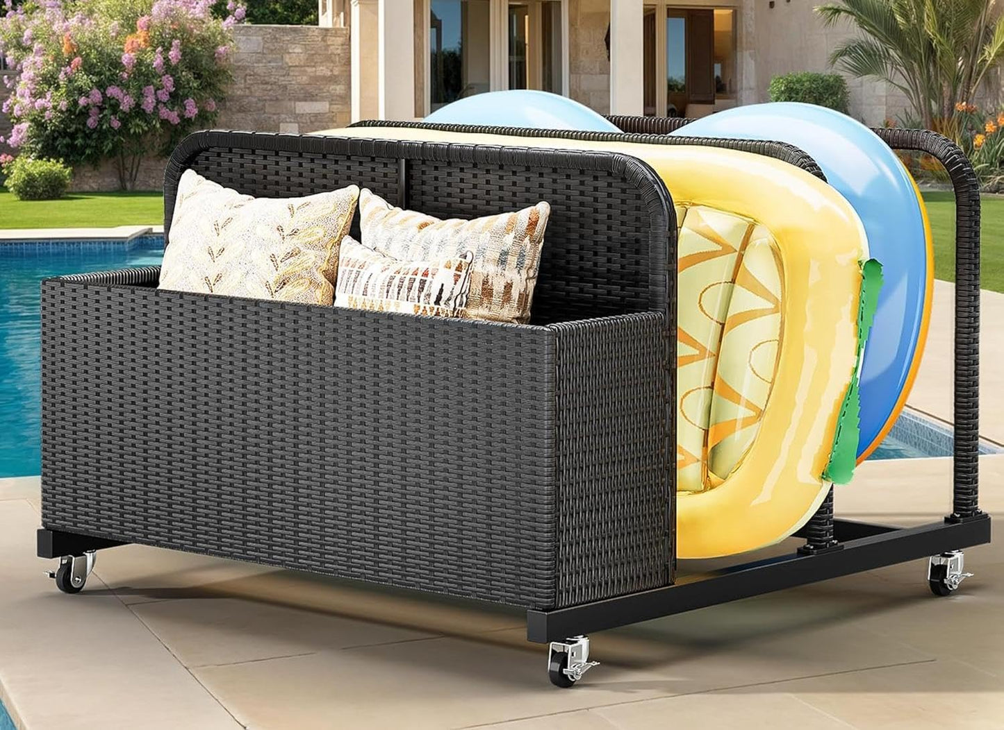 GOOBED Pool Storage, Wicker Pool Float Holder with Lockable wheels,Pool Organizer for cushions, Floaties, Noodles, Life Vests, Beach Balls, Patio Furniture (Black)