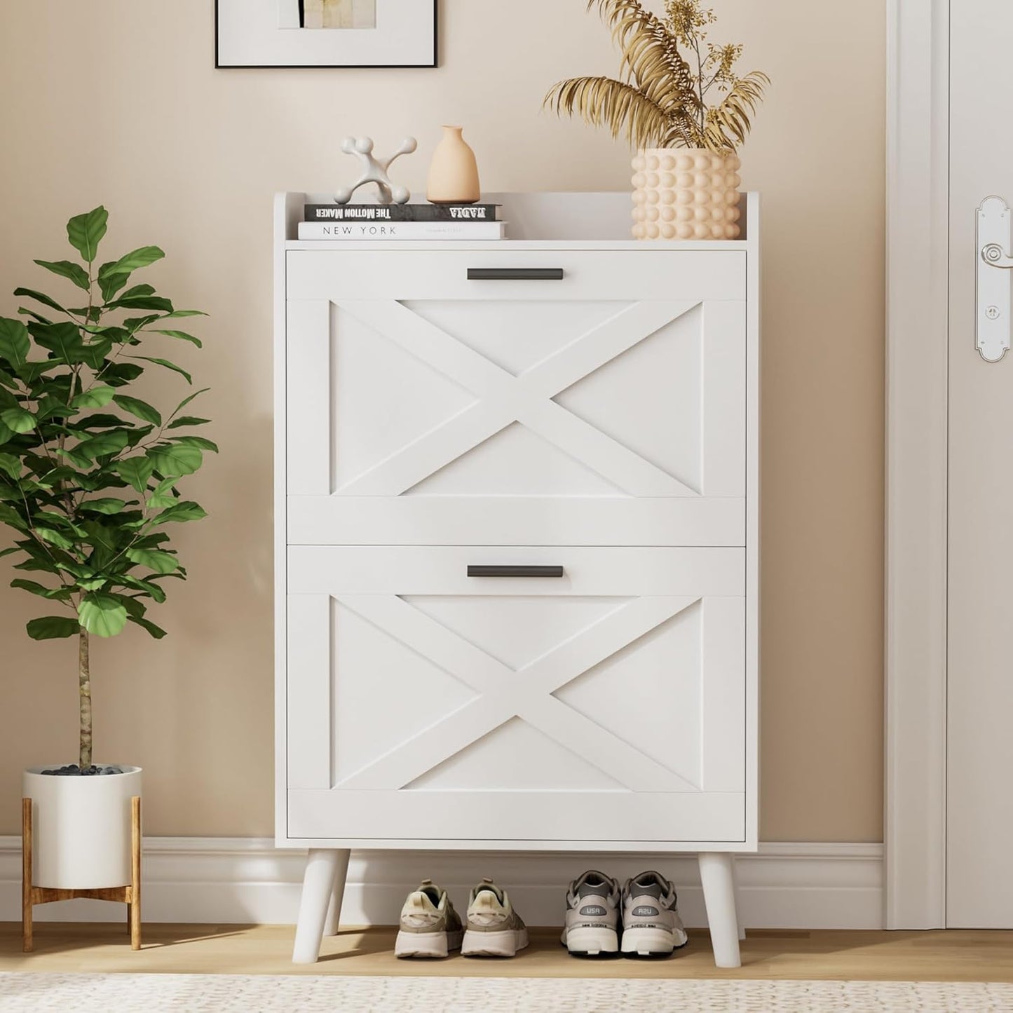 32" W Farmhouse Shoe Storage Cabinet with 2 Flip Drawers and Barn Door Design, Adjustable Shelves, Modern Hidden Slim Narrow Shoe Rack Cabinet for Entryway, Foyer, Hallway, Living Room, White