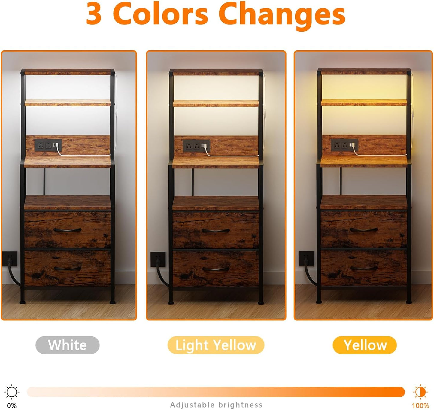 Furnulem Night Stand, Tall Nightstand with 4-Tier Shelves, 2 Fabric Drawers and Light Tube, Bed Side Tables with Charging Station, Bedside Table for Bedroom, Office, Rustic Brown