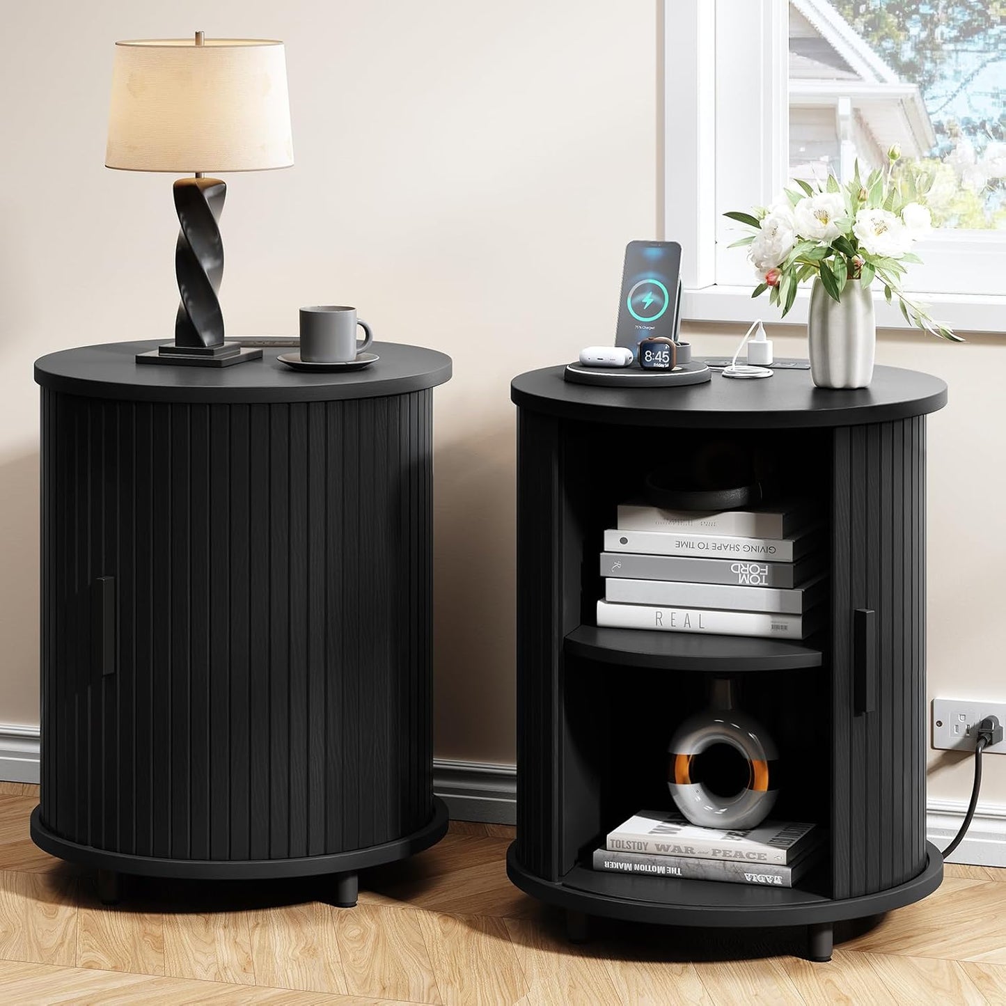 Round End Table with Charging Station, Mid Century Bedside Table with Sliding Door & 2 Tier Storage, Modern Nightstand for Living Room, Bedroom, Entryway, Black(1-Pack)
