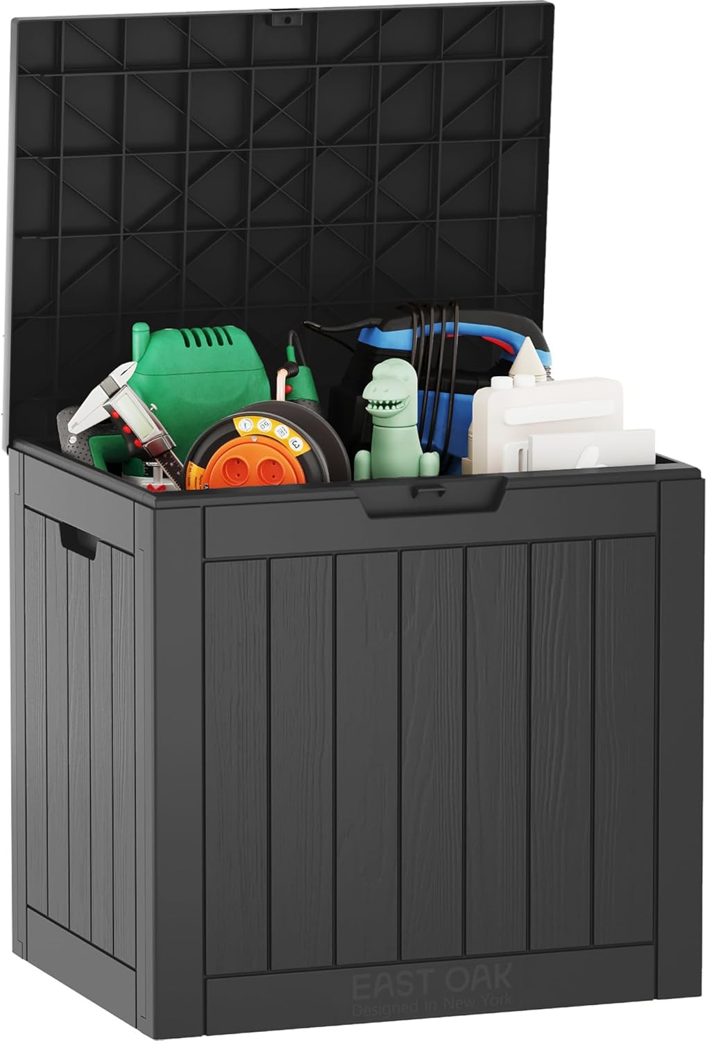 EAST OAK Outdoor Storage Box, 100 Gallon Deck Box, Waterproof Resin Storage Bench for Patio Cushions, Gardening Tools, Pool Accessories, Lockable, UV Resistant, Grey
