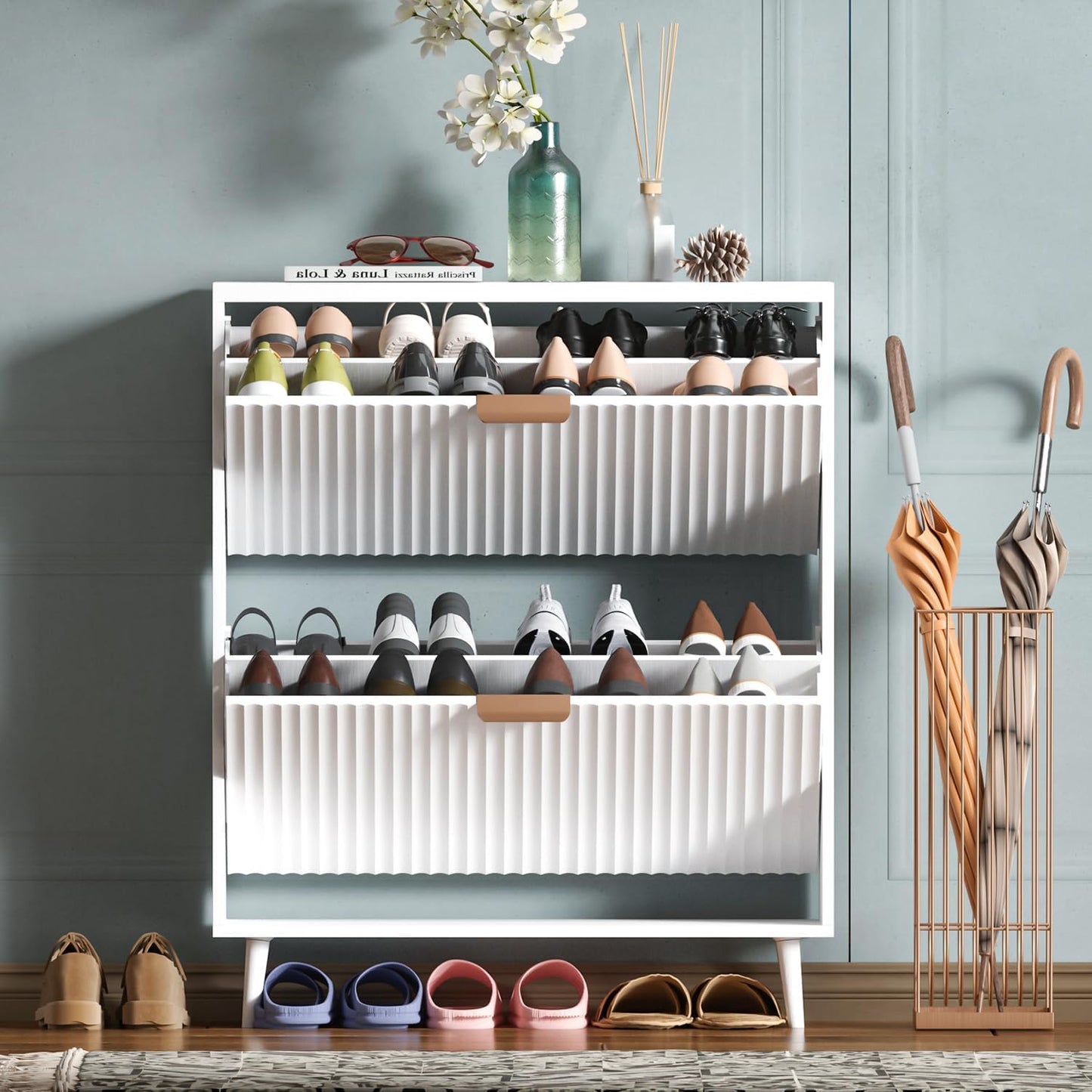 Shoe Cabinet Storage,Modern Freestanding Organizer with 2 Flip Drawers,Narrow Shoe Rack Cabinet for Entryway,Walnut