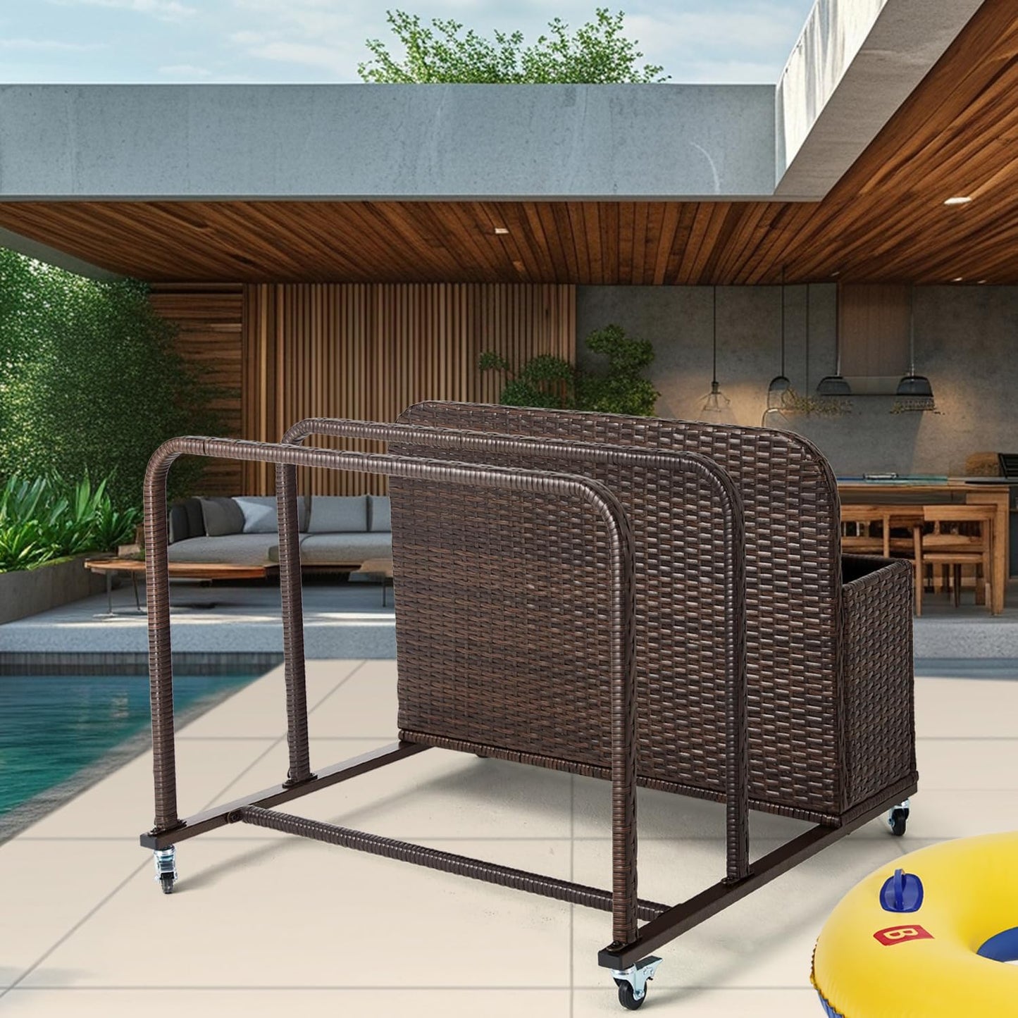 Poolside Float Storage Organizer, Outdoor Wicker Rattan Pool Float Holder Storage Rack for Basket Box Patio Pool Storage Caddy with Rolling Wheels for Pool Toy Noodles Equipment Accessroies Espresso