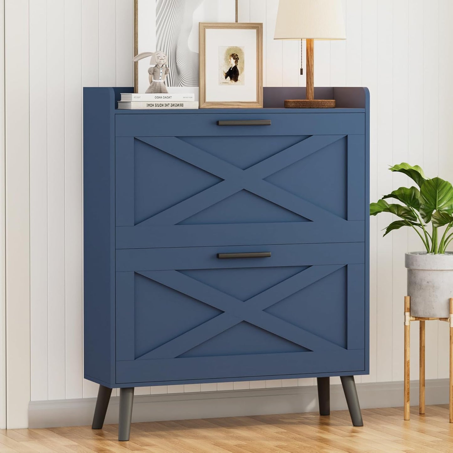 32" W Farmhouse Shoe Storage Cabinet with 2 Flip Drawers and Barn Door Design, Adjustable Shelves, Modern Hidden Slim Narrow Shoe Rack Cabinet for Entryway, Foyer, Hallway, Living Room, White