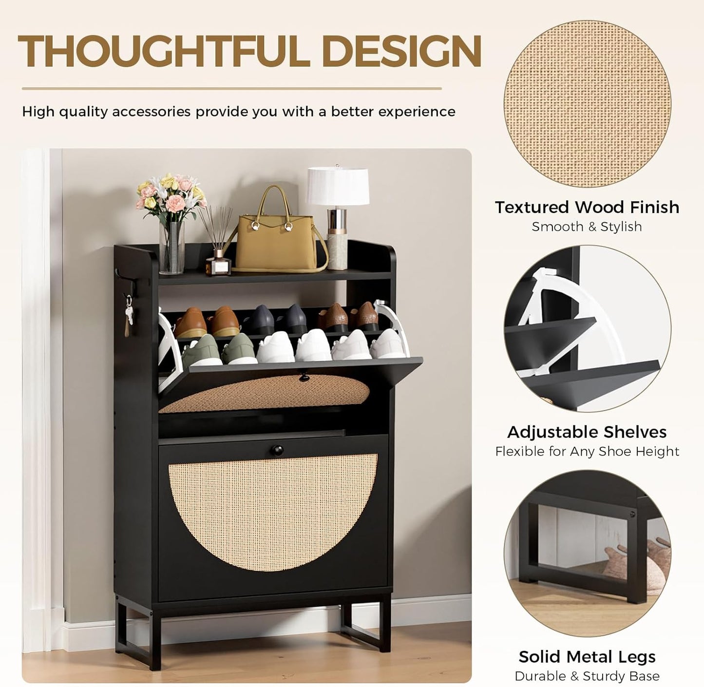 LUCKLIFE Shoe Storage Cabinet, Slim Rattan Shoe Cabinet Storage with Flip Drawers, Hidden Narrow Shoe Cabinet for Entryway Hallway（Black）