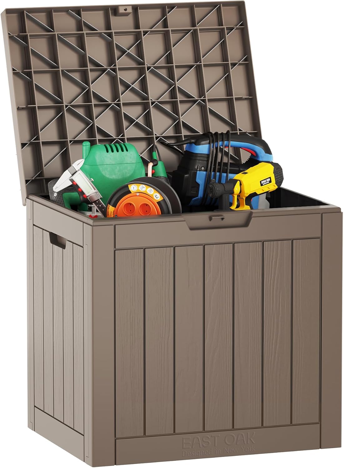 EAST OAK Outdoor Storage Box, 100 Gallon Deck Box, Waterproof Resin Storage Bench for Patio Cushions, Gardening Tools, Pool Accessories, Lockable, UV Resistant, Grey