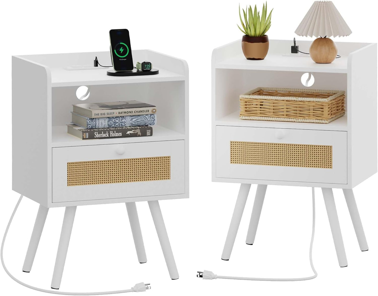 SUPERJARE Nightstands Set of 2, Night Stands with Charging Station & PE Rattan Decor Drawer, Bed Side Tables with Solid Wood Feet, End Table, for Bedroom, Living Room - Natural