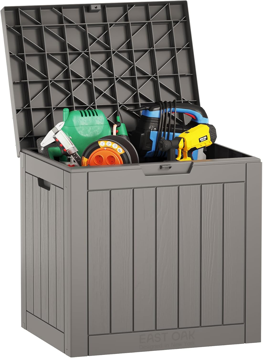 EAST OAK Outdoor Storage Box, 100 Gallon Deck Box, Waterproof Resin Storage Bench for Patio Cushions, Gardening Tools, Pool Accessories, Lockable, UV Resistant, Grey