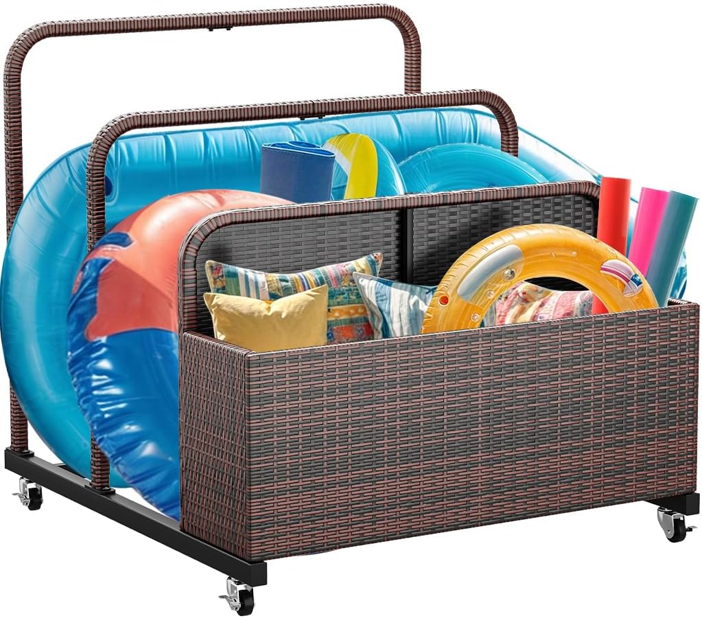 YITAHOME Pool Storage, Pool Float Holder with PE Rattan Pool Float Organizer for cushions, Floaties, Noodles, Life Vests, Beach Balls, Patio Furniture (Black)