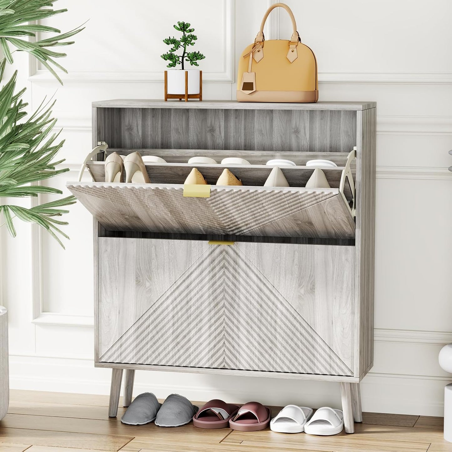 Shoe Cabinet with 2 Flip Drawers, 31.5" Walnut Narrow Hidden Shoe Storage Cabinet, Freestanding Shoe Rack Organizer with Wooden Legs, Farmhouse Slim Shoe Storage for Entryway, Foyer, Hallway