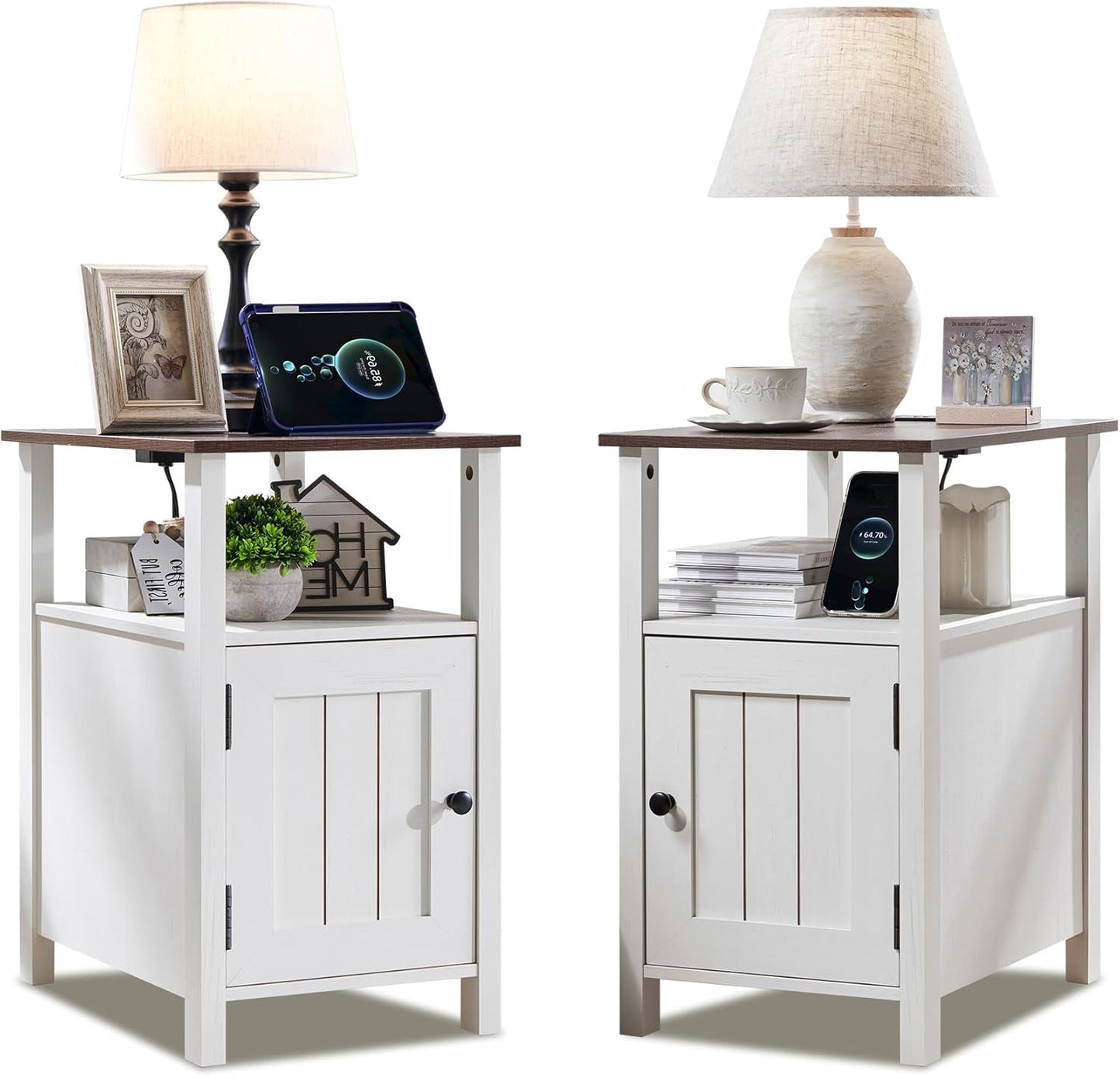 Farmhouse Nightstands Set of 2, Narrow Bedside Table with Charging Station, Night Stand Set 2 with Storage & Open Shelf, End Tables w/Groove Barn Door for Bedroom, Living Room, Natural