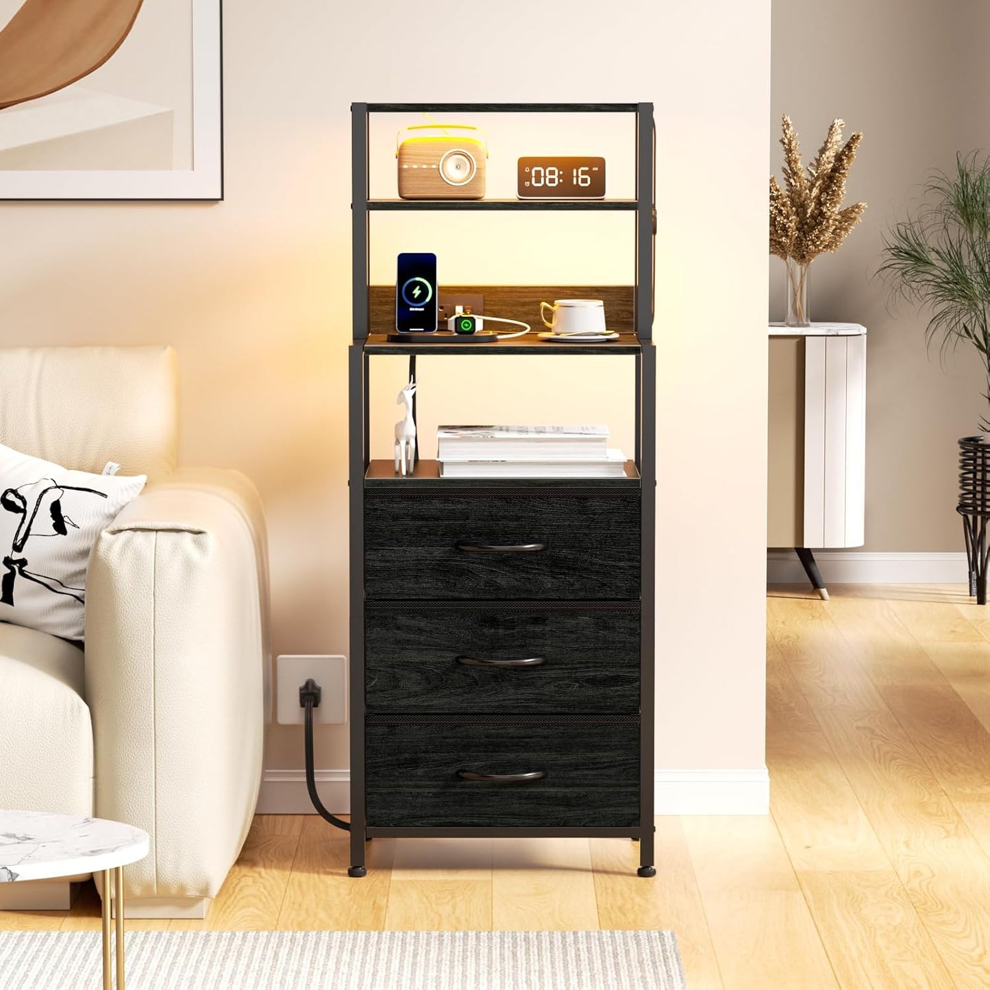 Furnulem Night Stand, Tall Nightstand with 4-Tier Shelves, 2 Fabric Drawers and Light Tube, Bed Side Tables with Charging Station, Bedside Table for Bedroom, Office, Rustic Brown
