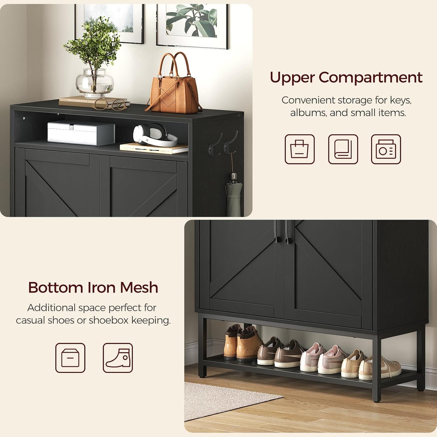 Shoe Storage Cabinet, Farmhouse Shoe Cabinet for Entryway, 6-Tier Shoe Organizer with Doors and Shelves, Narrow Hidden Freestanding Shoe Rack Cabinet for Entrance, Black SHBK9501