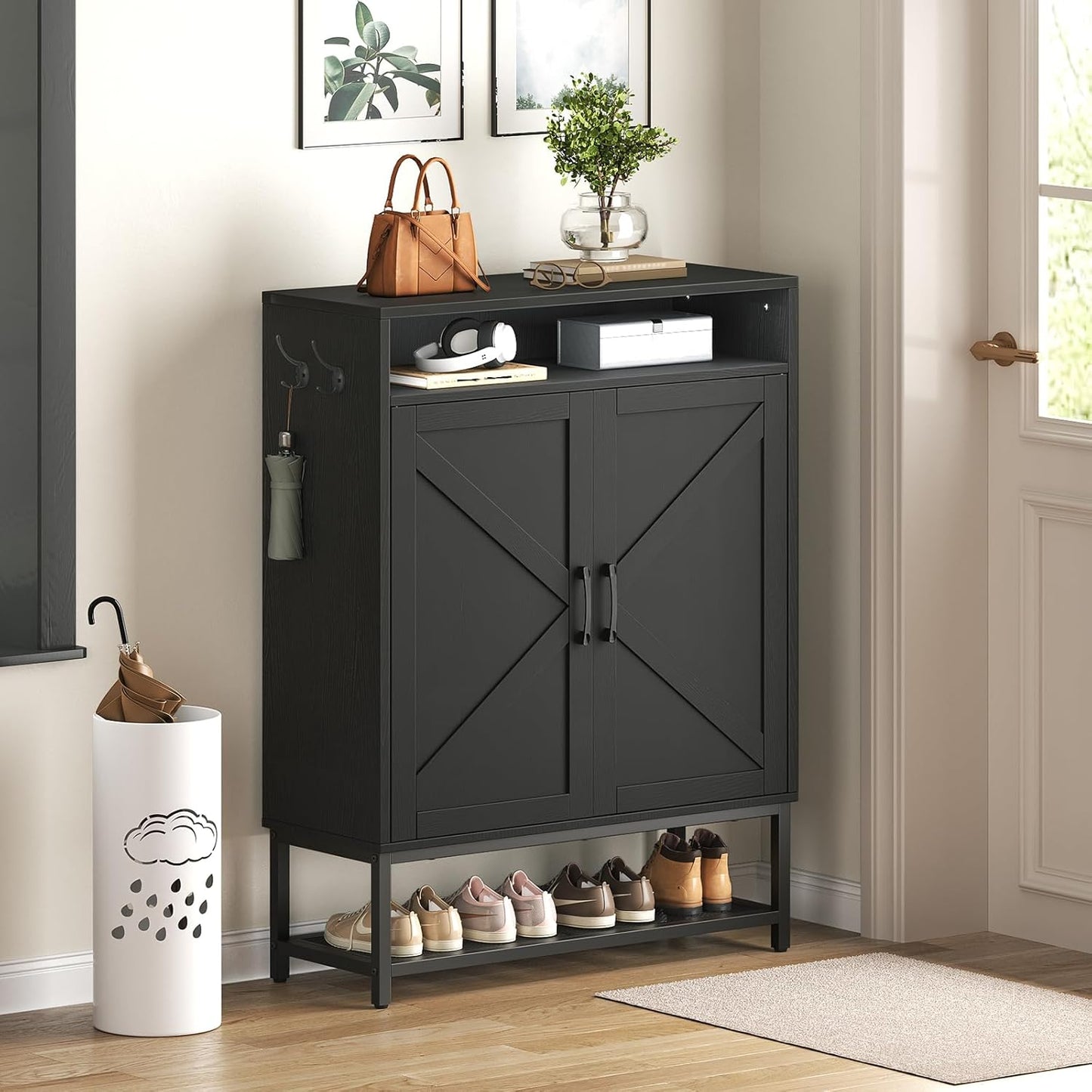 Shoe Storage Cabinet, Farmhouse Shoe Cabinet for Entryway, 6-Tier Shoe Organizer with Doors and Shelves, Narrow Hidden Freestanding Shoe Rack Cabinet for Entrance, Black SHBK9501