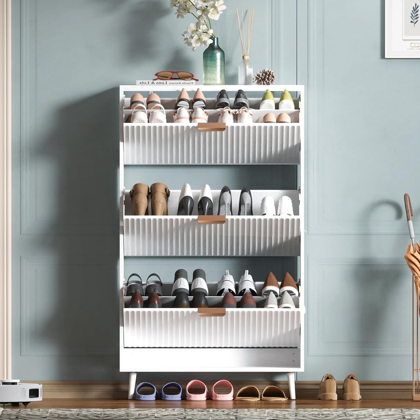 Shoe Cabinet Storage,Modern Freestanding Organizer with 2 Flip Drawers,Narrow Shoe Rack Cabinet for Entryway,Walnut