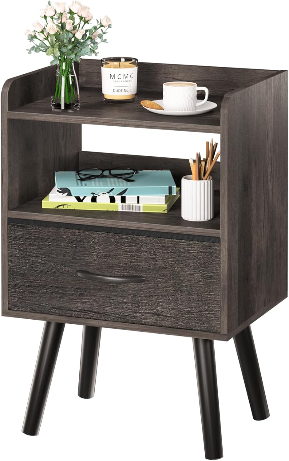 Yoobure Modern Nightstand with Drawer, Bedside Tables, Mid Century Nightstands with Open Storage Shelf, Wood Bedside Table, Small Night Stands for Bedrooms, 2-Tier Night Table