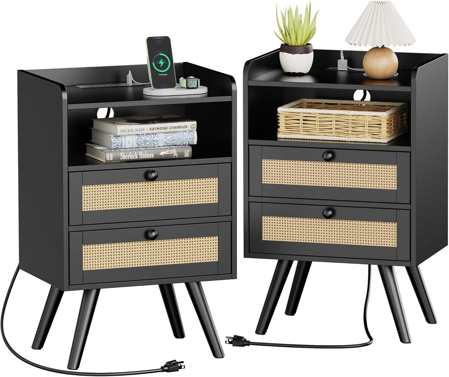 SUPERJARE Nightstands Set of 2, Night Stands with Charging Station & PE Rattan Decor Drawer, Bed Side Tables with Solid Wood Feet, End Table, for Bedroom, Living Room - Natural