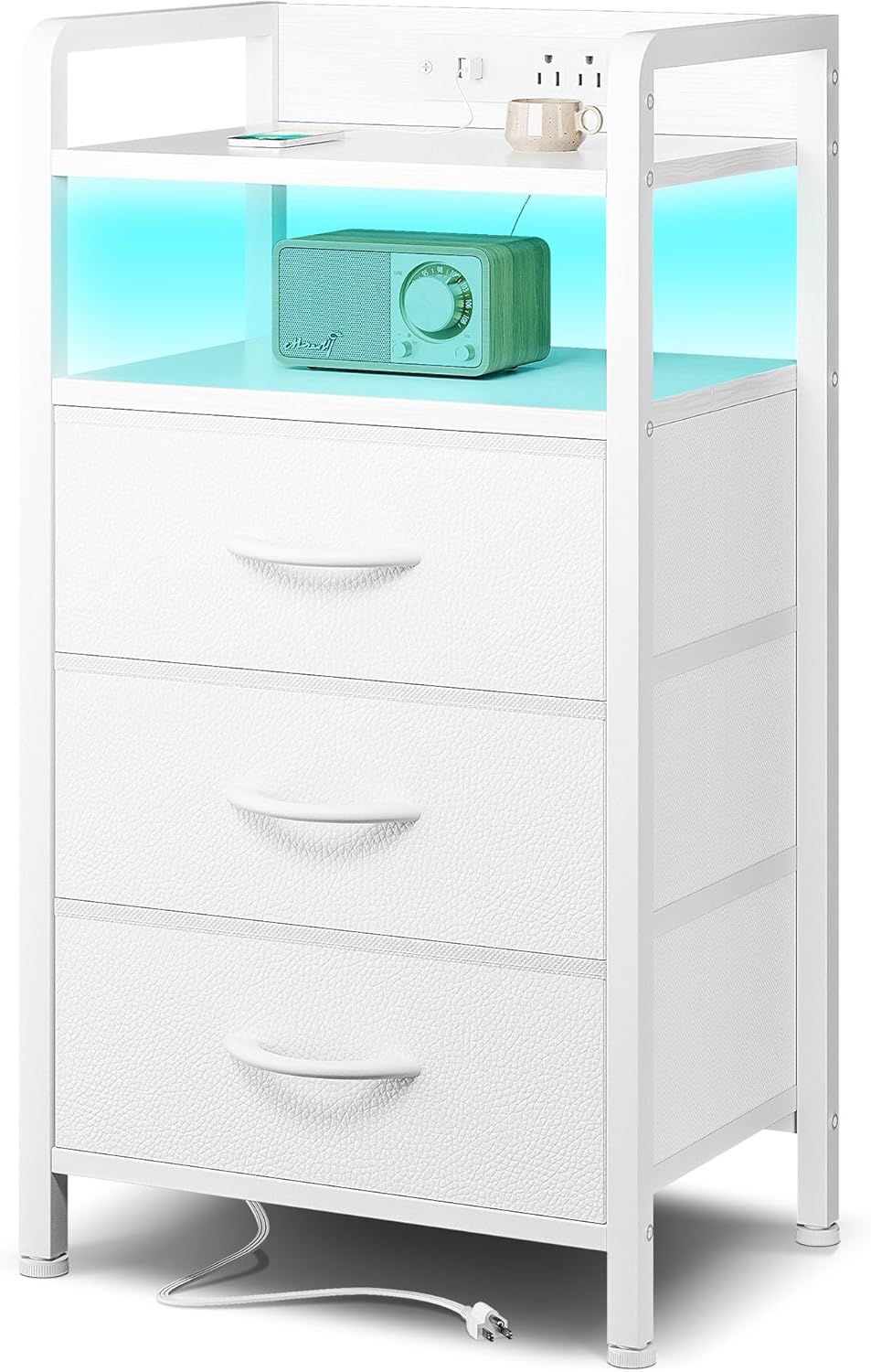 Night Stand Bedside Charger Bedroom - Nightstand with Charging Station & LED Light Strip, Night Stand with Storage Shelf & 2 Fabric Drawers, Morden End Table with U-S-B Ports & AC Outlets