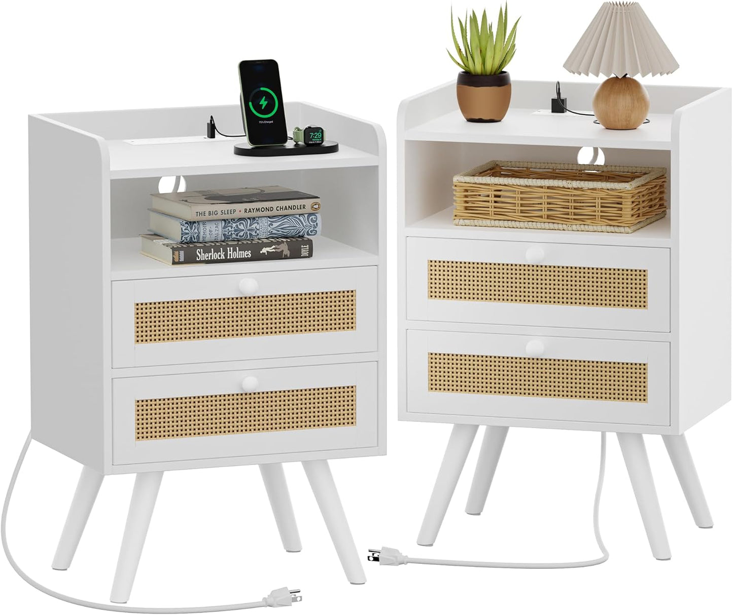 SUPERJARE Nightstands Set of 2, Night Stands with Charging Station & PE Rattan Decor Drawer, Bed Side Tables with Solid Wood Feet, End Table, for Bedroom, Living Room - Natural