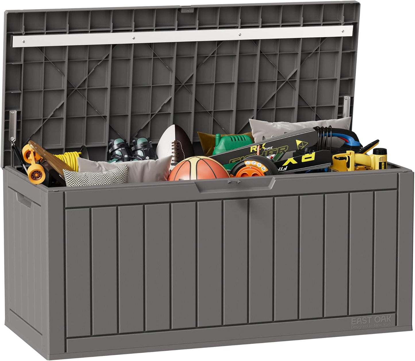 EAST OAK Outdoor Storage Box, 100 Gallon Deck Box, Waterproof Resin Storage Bench for Patio Cushions, Gardening Tools, Pool Accessories, Lockable, UV Resistant, Grey