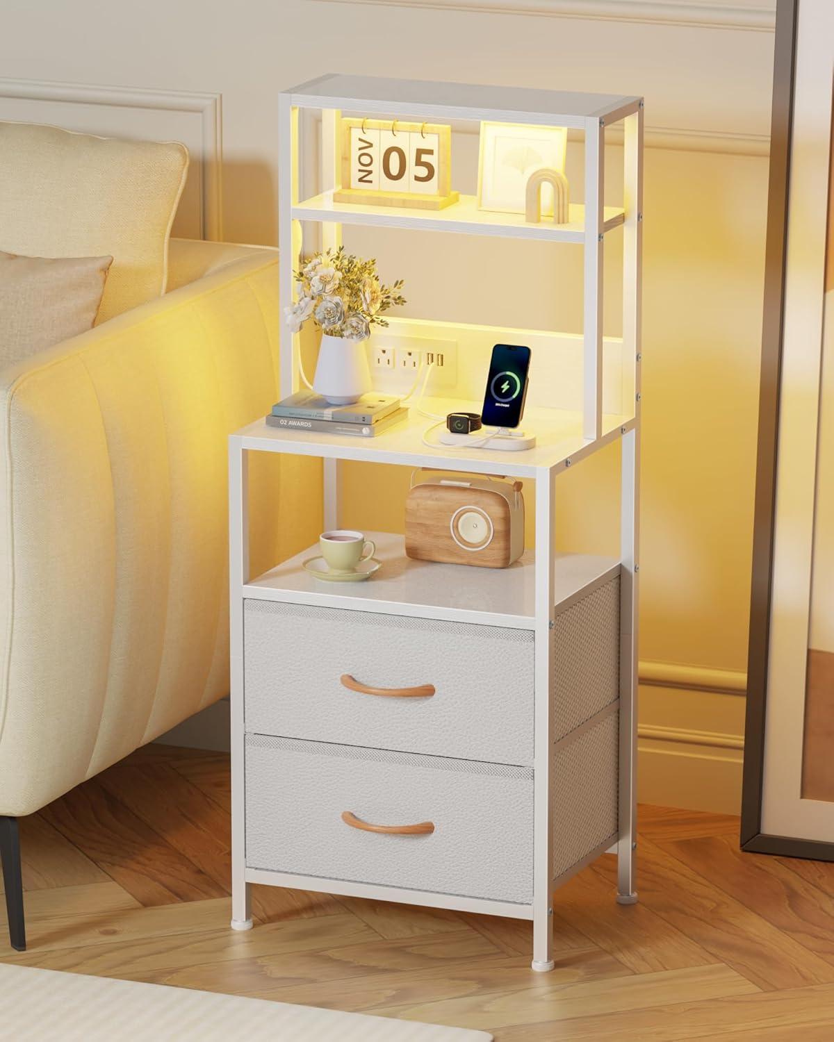 Furnulem Night Stand, Tall Nightstand with 4-Tier Shelves, 2 Fabric Drawers and Light Tube, Bed Side Tables with Charging Station, Bedside Table for Bedroom, Office, Rustic Brown