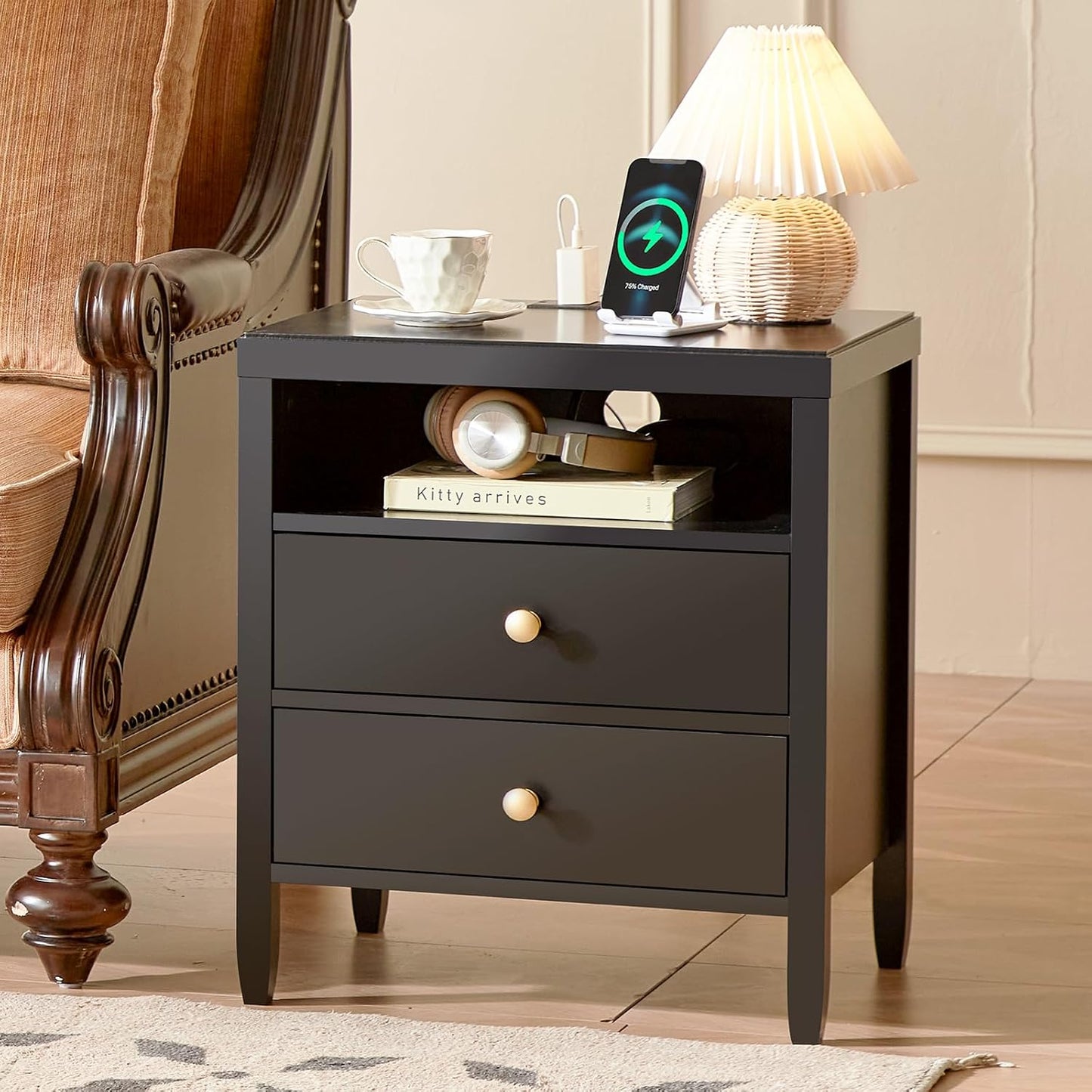 Huuger Black Nightstand Set of 2, Night Stand with Charger Station, Bedside Table with 2 Drawers, Bed Side Tables for Bedroom, Modern Nightstands, Metal Knobs, Painted Surface