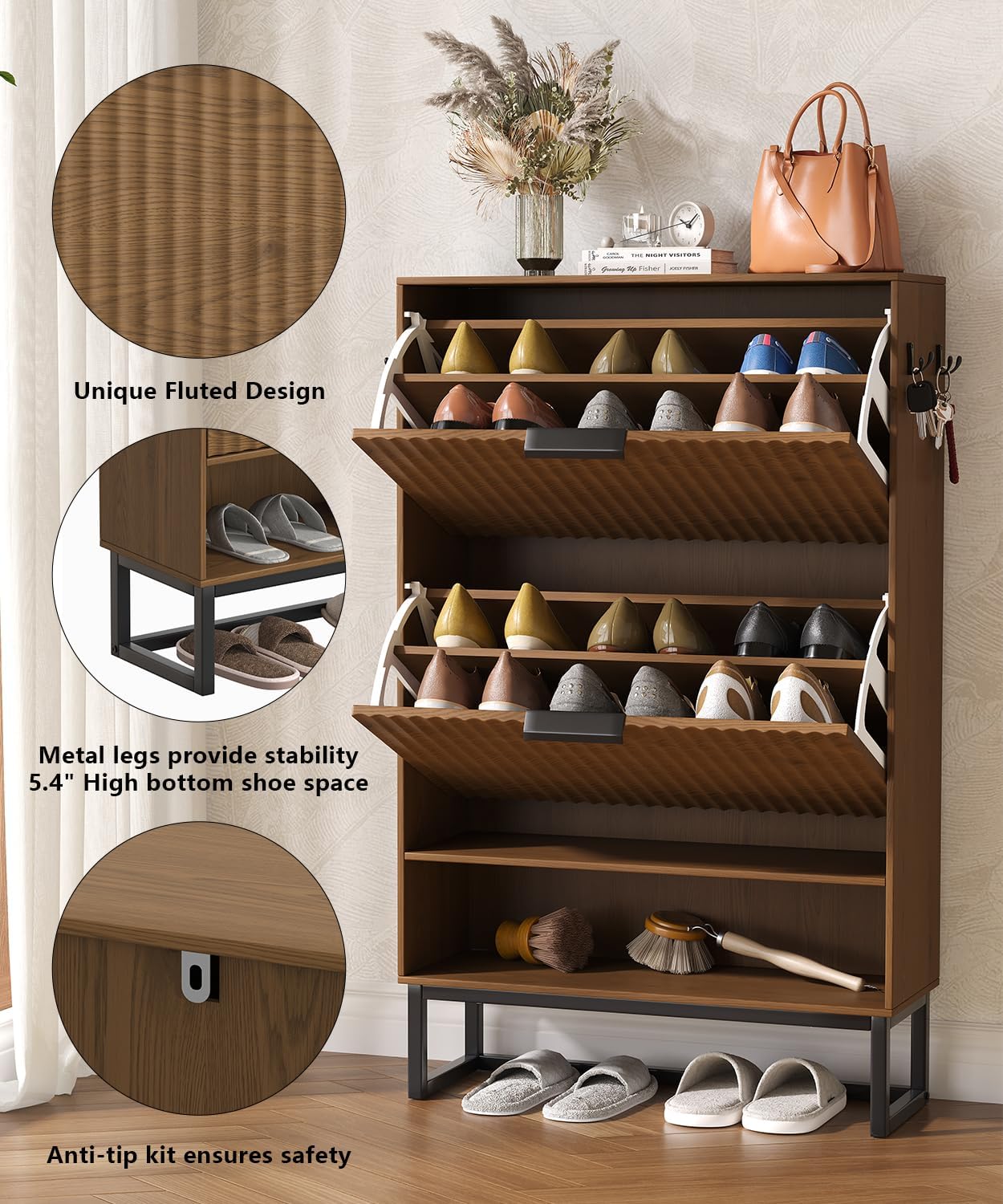 Fluted Shoe Storage Cabinet, Narrow Hidden Shoe Rack Cabinet with Metal Legs, Narrow Shoe Organizer, 2 Flip Drawers, for Entryway, Hallway, Living Room, Walnut