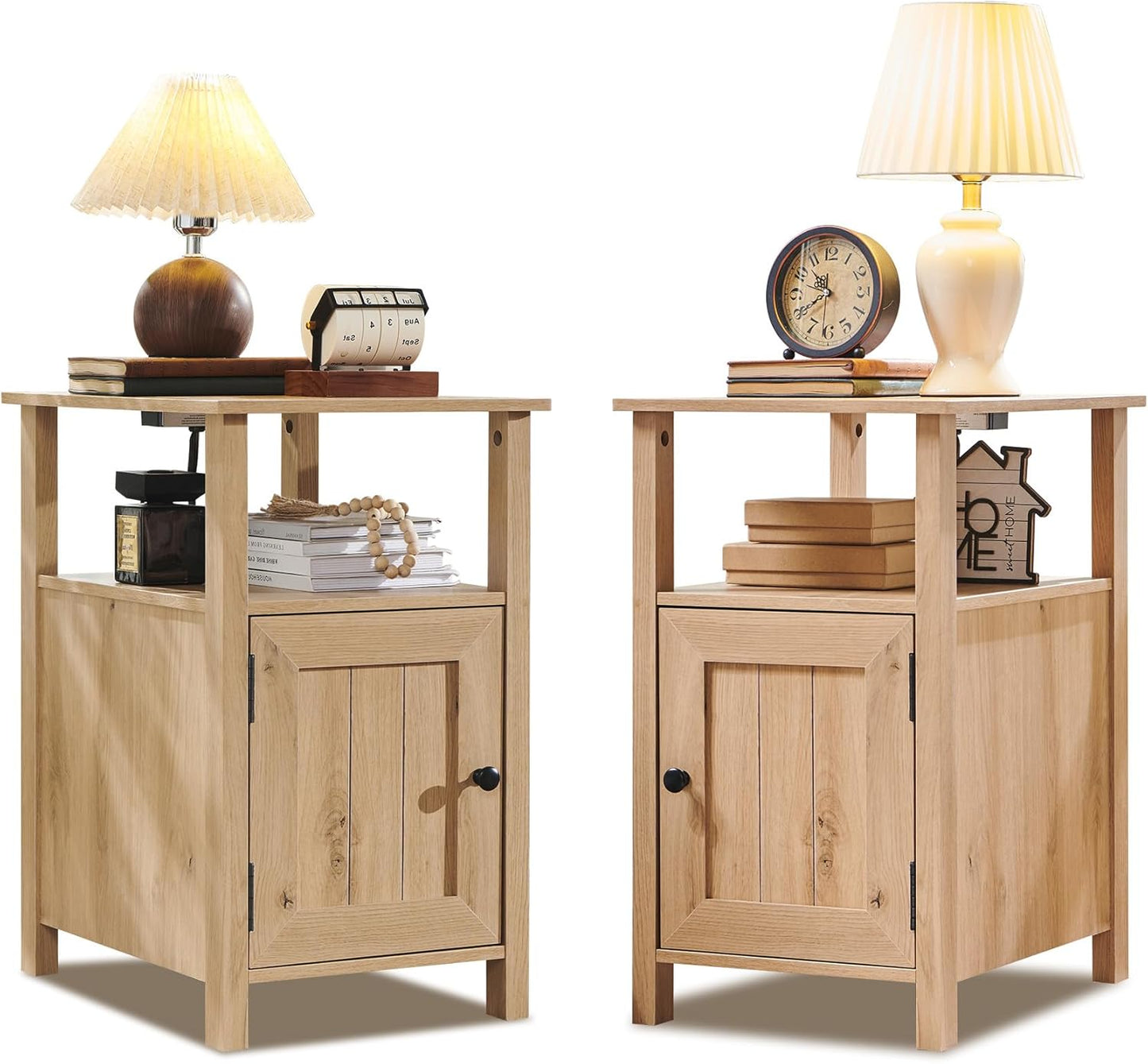Farmhouse Nightstands Set of 2, Narrow Bedside Table with Charging Station, Night Stand Set 2 with Storage & Open Shelf, End Tables w/Groove Barn Door for Bedroom, Living Room, Natural