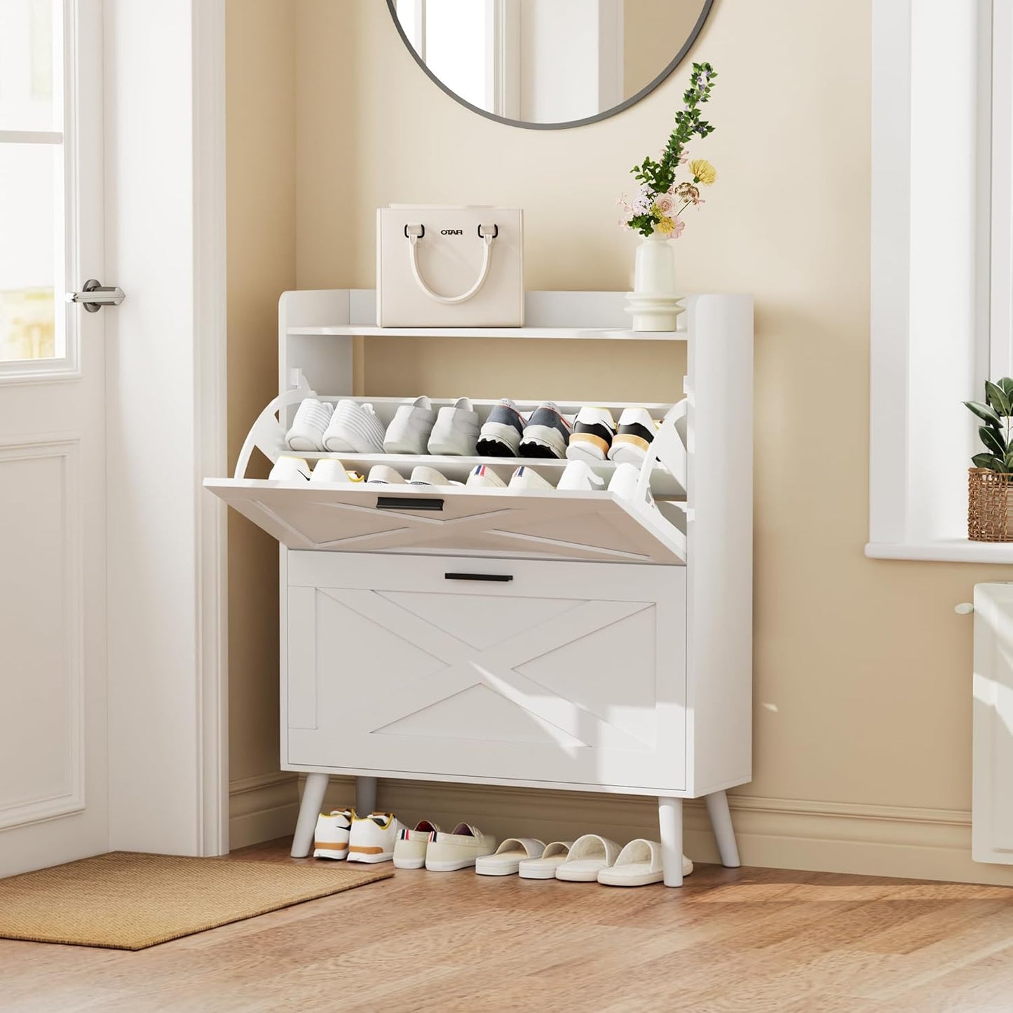 32" W Farmhouse Shoe Storage Cabinet with 2 Flip Drawers and Barn Door Design, Adjustable Shelves, Modern Hidden Slim Narrow Shoe Rack Cabinet for Entryway, Foyer, Hallway, Living Room, White