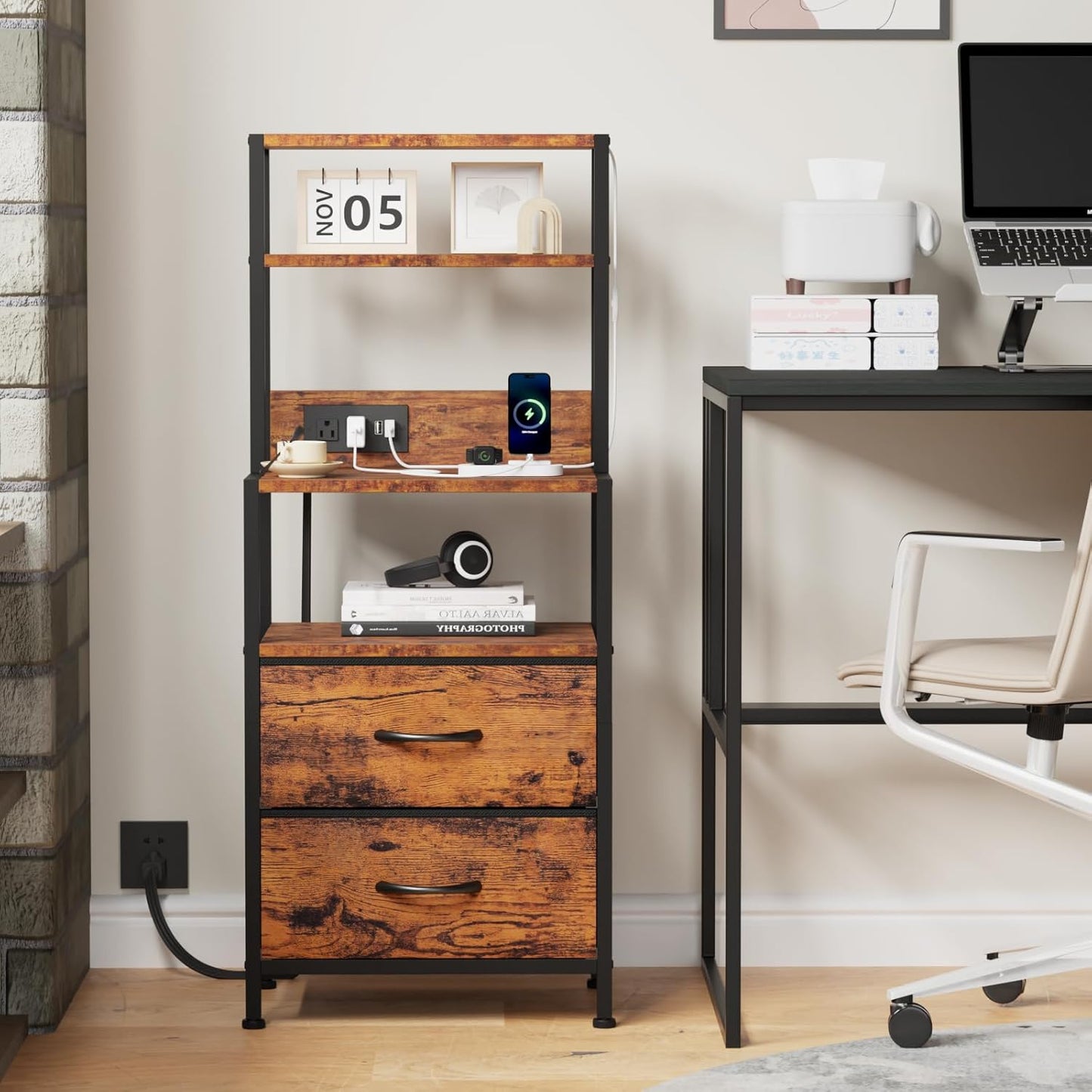 Furnulem Night Stand, Tall Nightstand with 4-Tier Shelves, 2 Fabric Drawers and Light Tube, Bed Side Tables with Charging Station, Bedside Table for Bedroom, Office, Rustic Brown