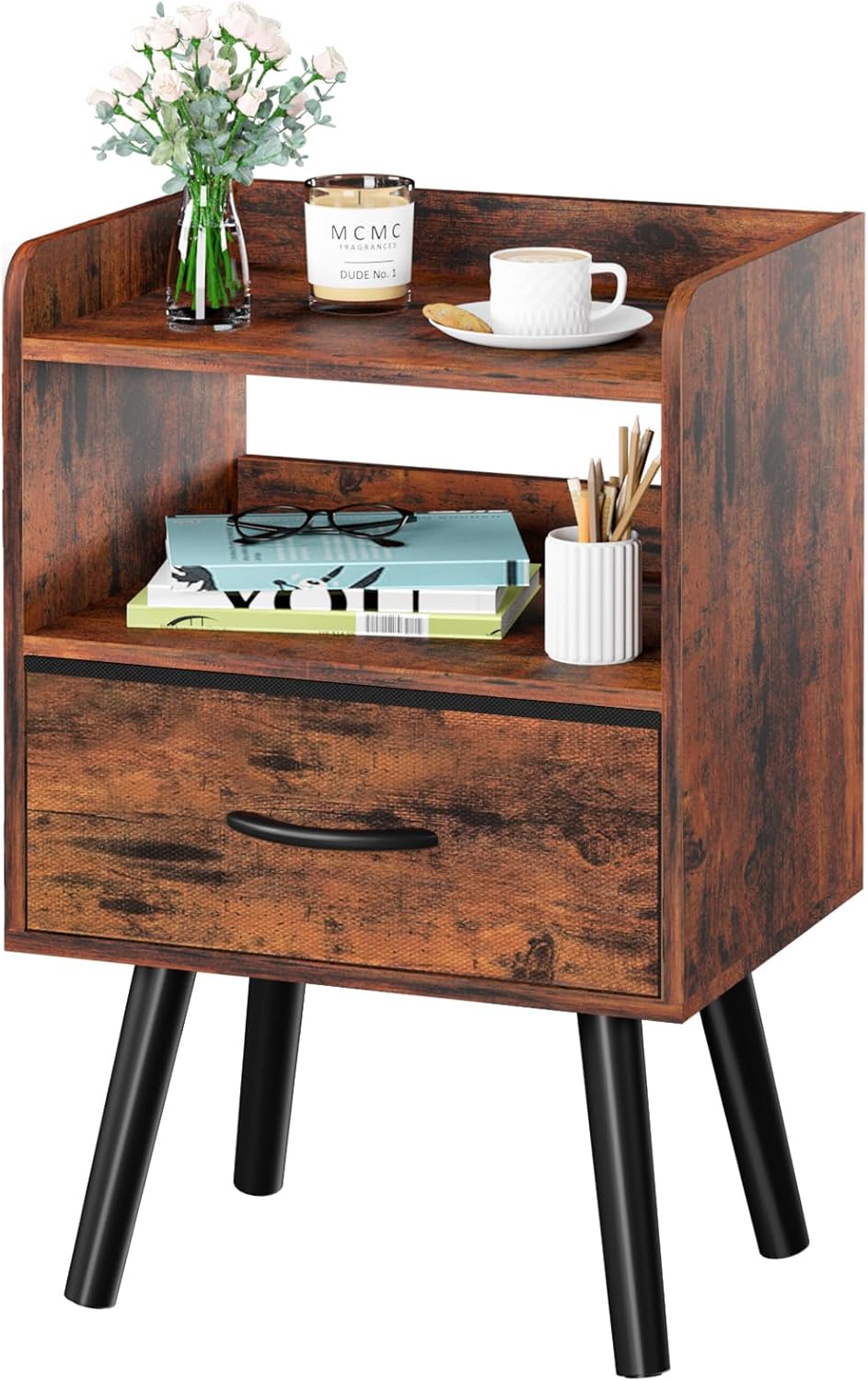 Yoobure Modern Nightstand with Drawer, Bedside Tables, Mid Century Nightstands with Open Storage Shelf, Wood Bedside Table, Small Night Stands for Bedrooms, 2-Tier Night Table