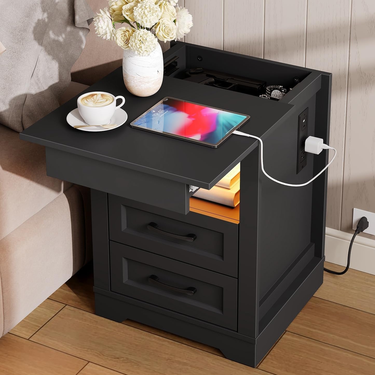 Farmhouse Nightstand with Hidden Gun Drawer, Bedside Table with Charging Station and LED Light, Night Stand with 3 Drawers, End Table for Bedroom, Living Room, White and Walnut