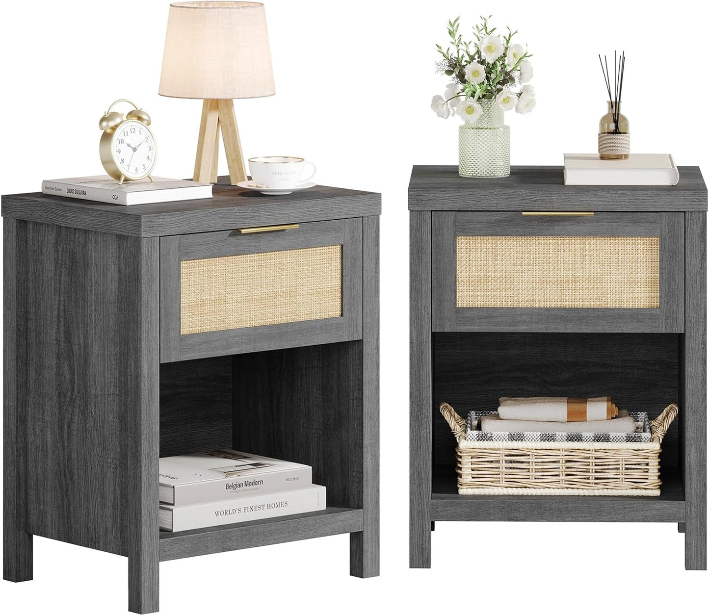 Rattan Nightstand Set 2: Boho End Table with Drawer and Storage Shelf, Farmhouse Cane Accent Bedside Night Stands for Bedroom Small Space Sofa (2, Caramel Oak)