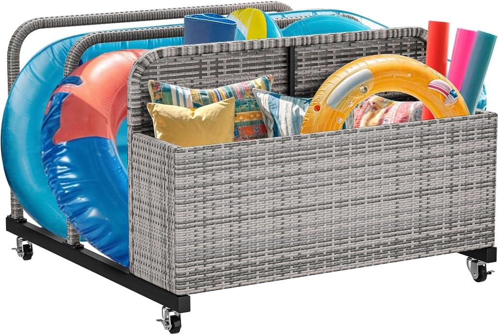 YITAHOME Pool Storage, Pool Float Holder with PE Rattan Pool Float Organizer for cushions, Floaties, Noodles, Life Vests, Beach Balls, Patio Furniture (Black)
