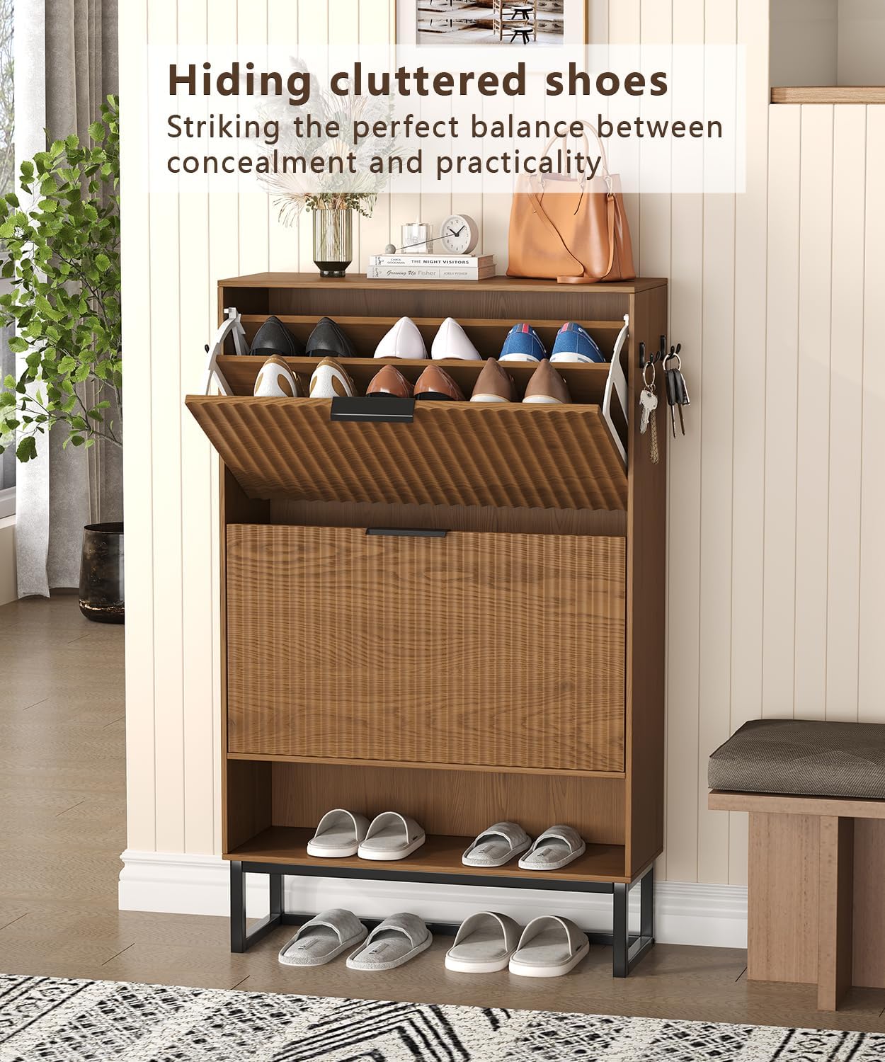 Fluted Shoe Storage Cabinet, Narrow Hidden Shoe Rack Cabinet with Metal Legs, Narrow Shoe Organizer, 2 Flip Drawers, for Entryway, Hallway, Living Room, Walnut